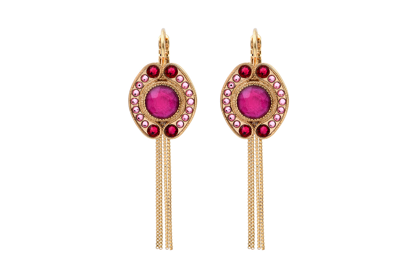 Aretes Circus Fuscia - Cristales y Chapa de Oro 14K