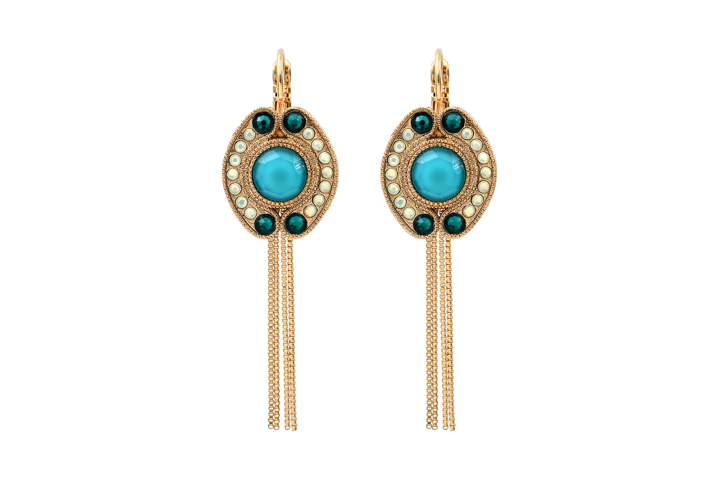 Aretes Circus Turquesa - Cristales y Chapa de Oro 14K