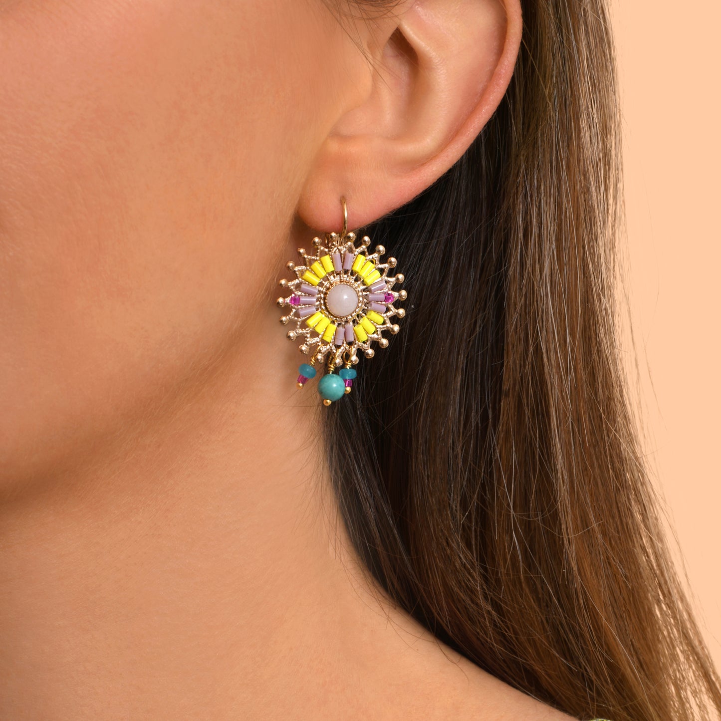 Aretes Clip Neiva - Cuarzo Rosa, Agata y Chapa de Oro 14K