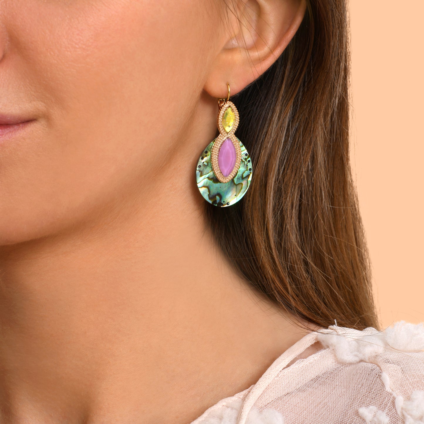 Aretes de Concha de Abulón y Cristales con Chapa de Oro 14K