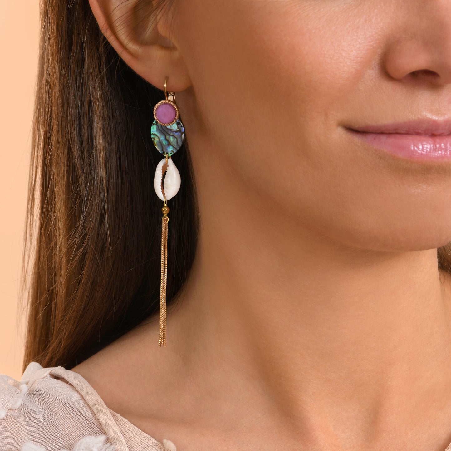 Aretes de Concha de Abulón, Hematita y Chapa de Oro 14K - Satellite Paris