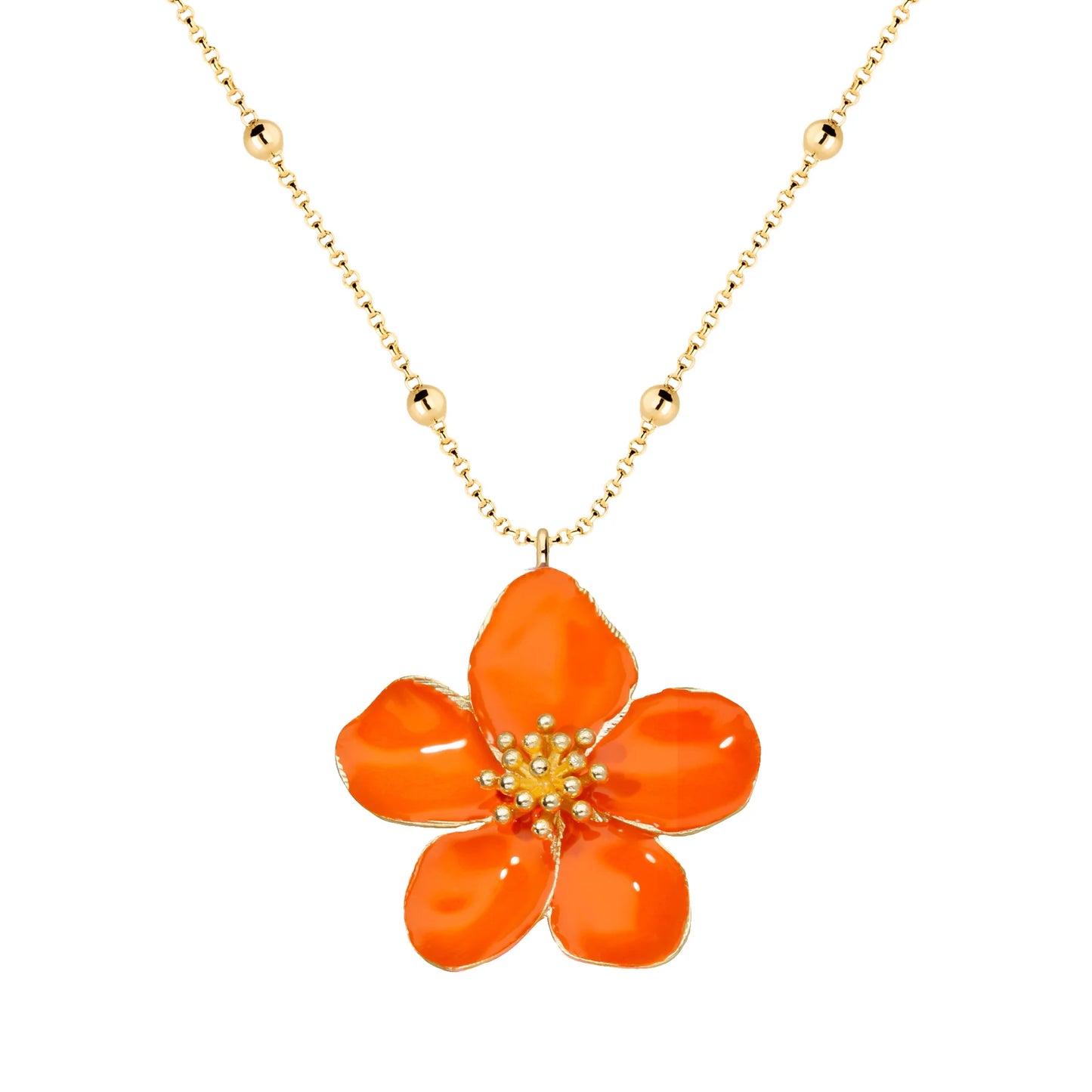 Collar Largo con Flor de Resina Naranja y Chapa de Oro 23K - Argelouse
