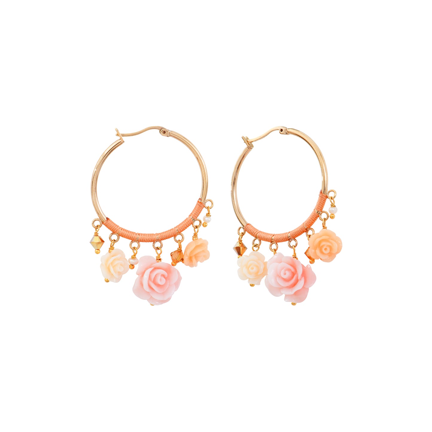 Arracadas Miraflores - Rosas Esculpidas de Concha Nacar y Chapa de Oro 14K