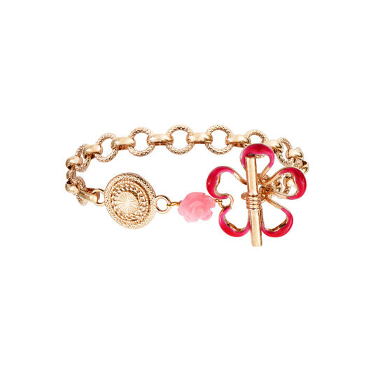 Pulsera Miraflores Fuscia - Rosas Esculpidas de Concha Nácar y Chapa de Oro 14K