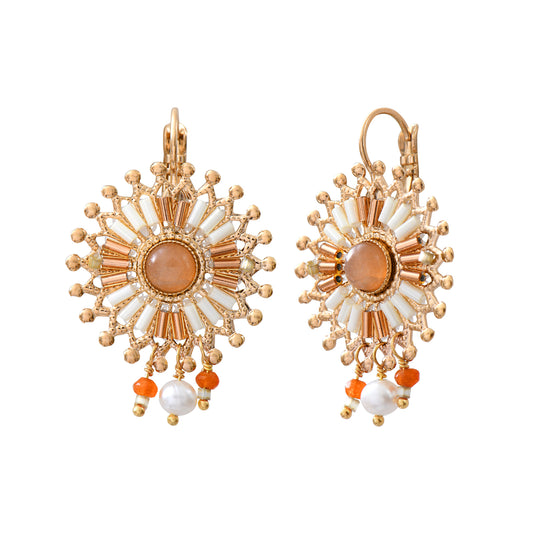 Aretes Artesanales con Piedra de Sol, Nácar y Chapa de Oro 14K - Satellite Paris