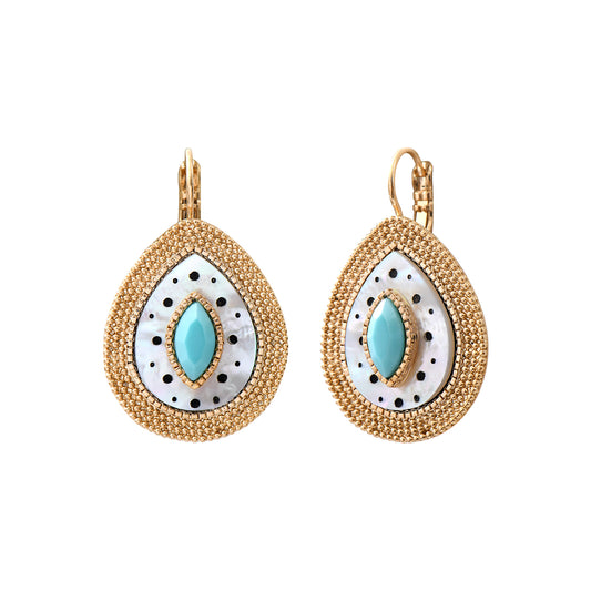 Aretes Artesanales - Gotas de Concha Nácar, Turquesa y Chapa de Oro 14K