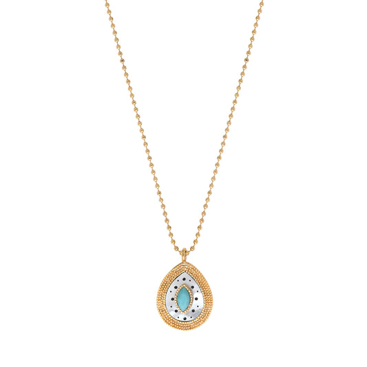 Collar con Gota de Concha Nácar, Cristal y Chapa de Oro 14K