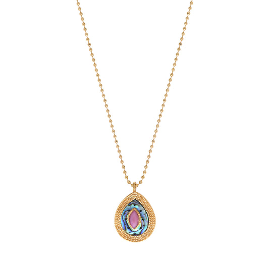Collar con Gota de Nácar Abulón con Cristal y Chapa de Oro 14K