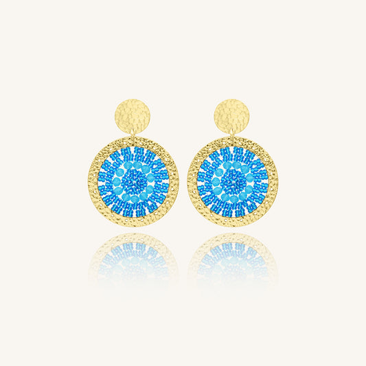 Aretes de Cristales Turquesa Tejidos con Chapa de Oro 23K