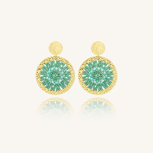 Aretes de Cristales Verde Acqua Tejidos con Chapa de Oro 23K