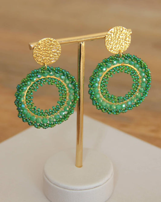 Aretes de Cristales Tejidos y Chapa de Oro 23K - Verde Acqua