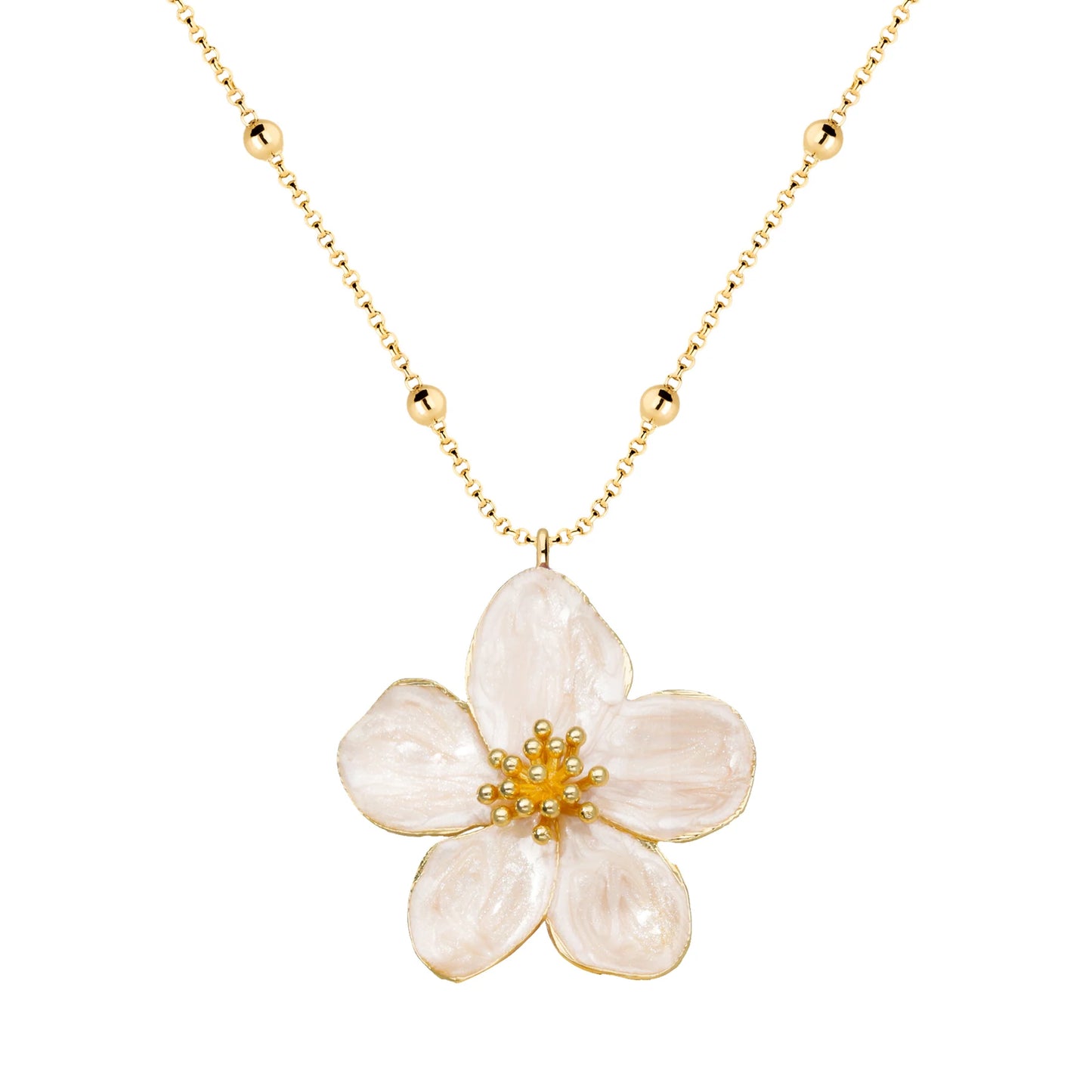 Collar Largo con Flor Blanca y Chapa de Oro 23K - Argelouse