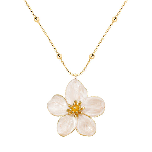 Collar Largo con Flor Blanca y Chapa de Oro 23K - Argelouse