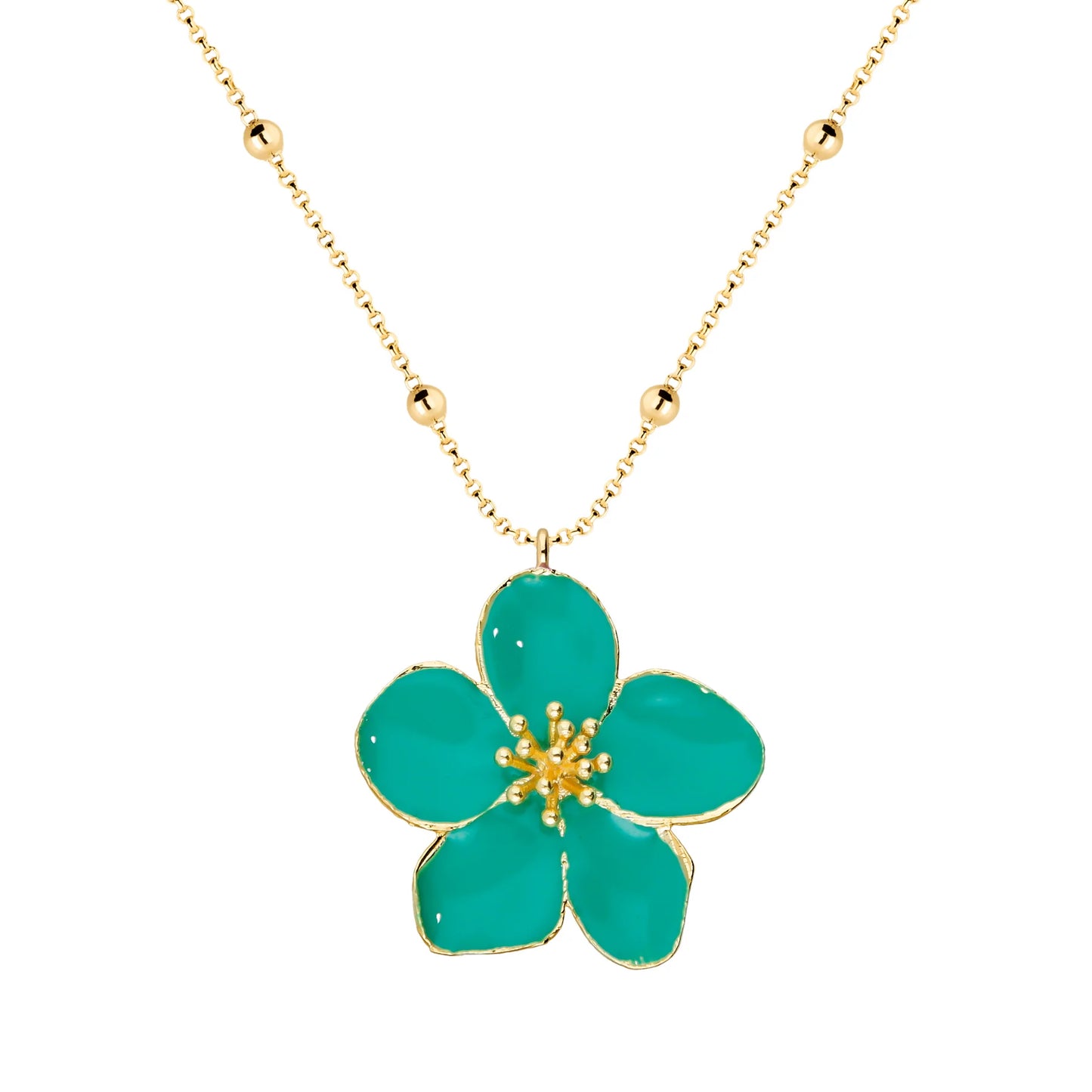 Collar Largo con Flor de Resina Turquesa y Chapa de Oro 23K - Argelouse